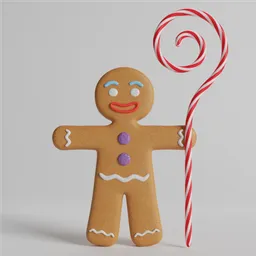 "3D model of a cheerful Gingerbread Man, armed with a Christmas candy stick for self defense. Perfect for holiday-themed designs and animations. Created with Blender 3D software."