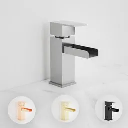 3D interactive waterfall faucet model with shape keys, showcasing multiple color variations for Blender rendering.
