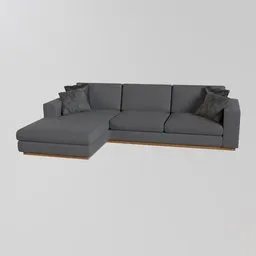 "Gray Sofa 1, a 3D model for Blender 3D, featuring a sleek grey metal body with included pillows on a white background. The sofa's randomized positioning and realistic rendering make it a versatile choice for any scene. Perfect for interior design or product visualization projects."