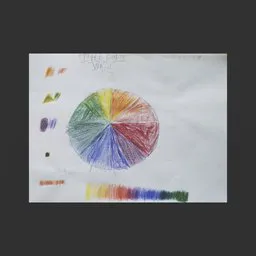 3D model of a hand-colored color wheel drawing on paper, with digitally generated texture details.
