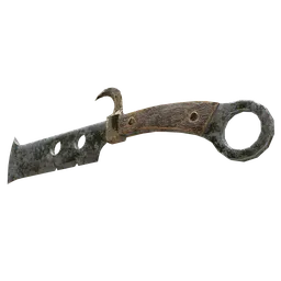 Detailed 3D rendering of an antique hook knife model, optimized for Blender, with rustic textures.