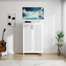 Realistic 3D model of a white corner sideboard with two doors for hall interiors, rendered in Blender.