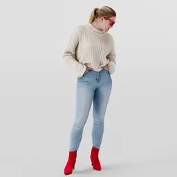 Detailed Blender 3D model of a stylish young woman in casual outfit with red boots and glasses, hands in pockets.