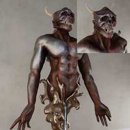 "Bronze horned man sculpture in Blender 3D: necromorph djinn-human hybrid inspired by Toros Roslin. High-detail, trending artwork on ArtStation featuring flesh and metal, shirtless fantasy-style clothing, and realistic proportions. Ideal 3D model for artistic rooms seeking a captivating King of Skull centerpiece."
