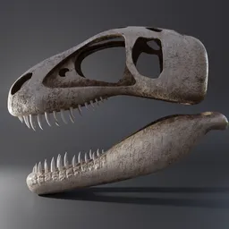 "3D model of a realistic tyrannosaurus rex skull for Blender 3D, inspired by Charles Fremont Conner and created by Peter Snow. Features defined facial features, snake tongue, and a brownish fossil look. Perfect for in-game 3D modeling and game development."