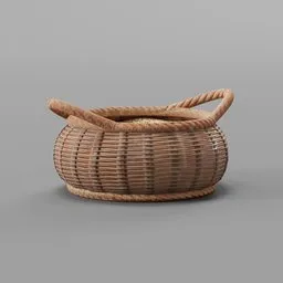 "3D model of a Wicker basket with a wooden handle on a gray background. Ideal for adding an authentic touch to your medieval-themed scenes. Designed using Blender 3D software."