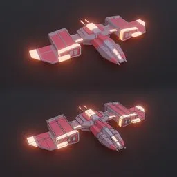 "LowPoly game ready red and white spacecraft in isometric top down left view with purple and cyan lighting, perfect for Blender 3D. Featuring an outline glow, flares anamorphic and simple chromatic xray effects. Front and side view available, suitable for gaming projects. #Blender3D #Spacecraft #LowPoly"