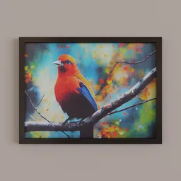 "Red and blue bird painting in 3D model format for Blender 3D. Measures 40x30cm and features a high quality product image with a tiled wall background. Inspired by photorealist Victor Noble Rainbird."