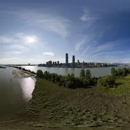 Cityscape by River, Sunny Day