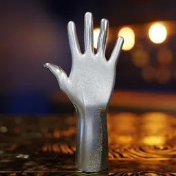 "Decorative hand sculpture made in Blender 3D, featuring a chrome finish and fully procedural texture. This 3D model is perfect for Blender enthusiasts searching for high-quality, award-winning designs. Customize subdivision modifiers for optimal results."