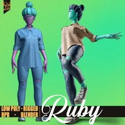 "Stylized motion design female character for Blender 3D, fully rigged and animation ready with 41k poly count. Female base mesh, clean topology, perfect for game and real-time rendering. Comes with 3 poses and detailed textures."