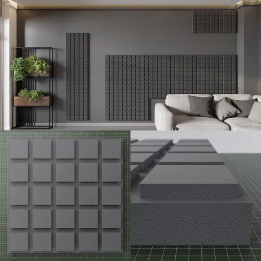 Foam acoustic chocolate bar panel 3D model for Blender, customizable bevel and color, shown in interior scene.