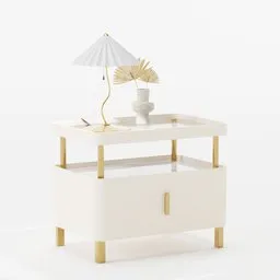 Beige luxury 3D model drawer, gold accents, lamp on top, Blender 3D hallway furniture.