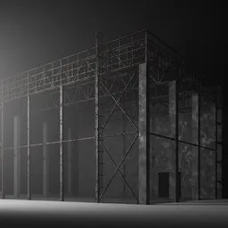 Detailed 3D render of a rusty metal and concrete structure hall optimized for Blender modeling.