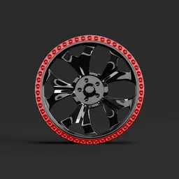 "Highly detailed 3D model of a Beedlock wheel rim for off-road vehicles, created with Blender 3D software. Featuring a striking red rim on a black background, this cybertronian-inspired design incorporates crips details and is perfect for projects related to trophy trucks and realistic off-road simulations."