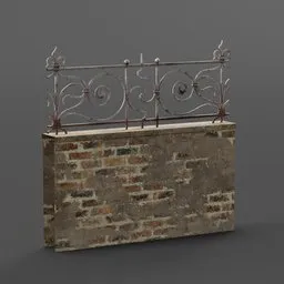 Highly detailed 3D iron fence on brick base, suitable for historical and luxury Blender 3D modeling.