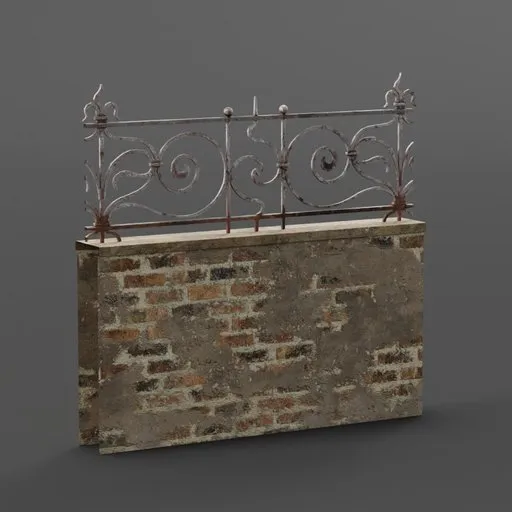 Highly detailed 3D iron fence on brick base, suitable for historical and luxury Blender 3D modeling.