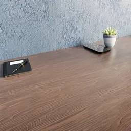 3D modeled wooden desk with notebook, smartphone, and plant for Blender artists.