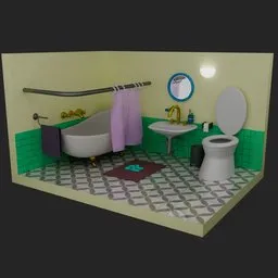 Vintage-style 3D modeled bathroom with bathtub, sink, and toilet, rendered in Blender.