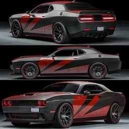 Detailed 3D rendering of customized Dodge Challenger Demon with striking red accents, suitable for Blender projects.