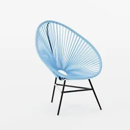 "Blue Acapulco chair - perfect for outdoor areas. 3D model created in Blender 3D software. Features classic design and black frame with netting and batoidea shape, in Nordic pastel colors."