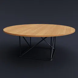 Oval 3D model conference table with golden teak wood texture on Blender, Le Corbusier design inspiration.
