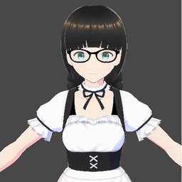 Detailed anime-style 3D maid model with glasses and black hair, available for Blender, featuring rigify skeleton and shape keys.