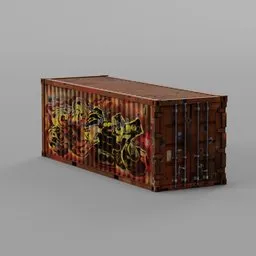Weathered low poly 3D cargo container model with graffiti, optimized for Blender rendering and game asset design.