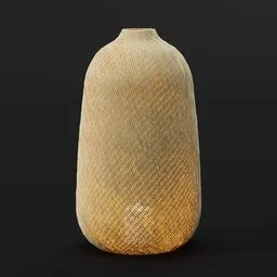 "3D model of a table lamp inspired by Jiao Bingzhen, featuring a straw pitcher design with a light inside, perfect for decorating rooms or offices. This highly detailed textured 3D model, created in Blender 3D, showcases a white mesh rope subject with dynamic golden dappled lighting. Illuminate your space with this unique luminaire for an ambiance reminiscent of a golden hour."