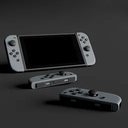 Detailed 3D model of a grey gaming console with detached controllers, compatible with Unreal and Unity, featuring 4K textures.