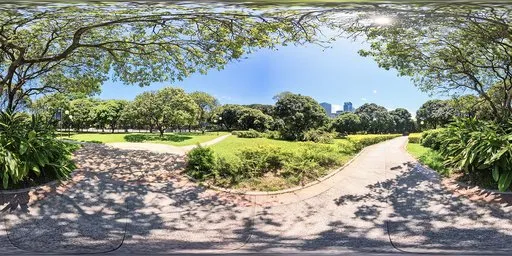 Daytime park scene HDR with diverging paths, lush greenery, and vibrant blue skies with fluffy clouds.