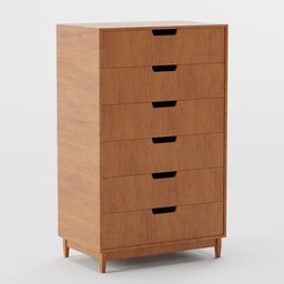 Realistic wooden 3D model cabinet with drawers, Blender rendering, light wood texture, furniture design visualization.