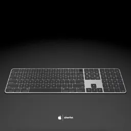 Realistic black 3D model of a wireless Magic Keyboard with numeric keypad, arrow keys, and Touch ID for Blender 3D projects.