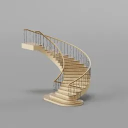 Elegant marble curved staircase 3D model with ornate wrought iron balustrade for Blender rendering.