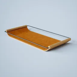 "Wooden and steel tray with a leather top, designed and manufactured by Sier in Blender 3D. Perfect for kitchen appliance 3D models with a touch of IKEA style, inspired by Jiro Yoshihara and Tuomas Korpi. Add it to your RPG items renders or product design renders today!"