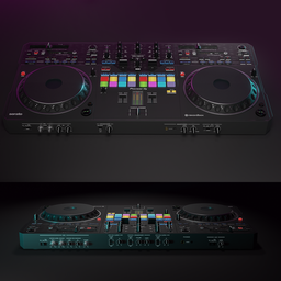 Detailed 3D model of DDJ-REV5 DJ mixer with advanced controls and large jog wheels rendered in Blender.