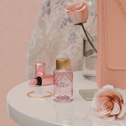 Elegant 3D modeled cosmetic product display with floral accents and soft textures for product visualization.
