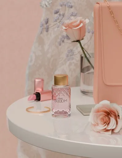 Elegant 3D modeled cosmetic product display with floral accents and soft textures for product visualization.