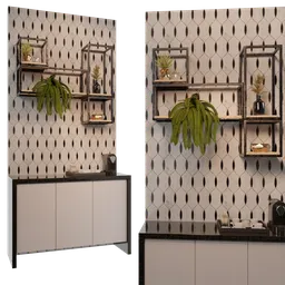 "Get a taste of the restaurant-bar experience with 'Coffee break', a sophisticated 3D model for Blender featuring a lacquered oak reception desk, vertical gardens, lockers, and houseplant. This 360-degree panorama will transport you to a chic kitchen with sconces and art deco stripe pattern."