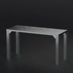 "Professional machine table with an aluminum profile rail frame and marble top measuring 60cm by 150cm by 79cm, available as a detailed 3D model for Blender 3D software. Perfect for industrial or post-industrial design projects requiring precision and durability."