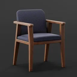 "Get comfortable in this American Realism style chair with a blue seat and wooden frame, perfect for designers. Rendered with Redshift and featuring cloth simulation and depth blur. Available as a high-quality Blender 3D model."