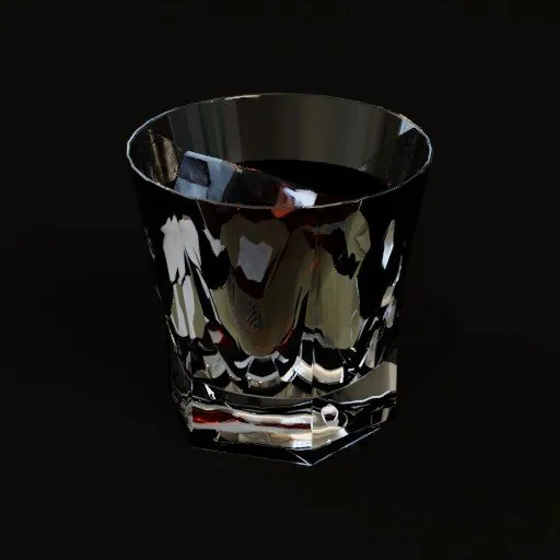 Highly detailed Blender 3D model portraying realistic whiskey with ice in a faceted glass.