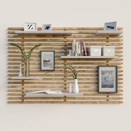 "Wooden shelving unit with artistic decor featuring vases, books, and framed photos on two shelves. 3D model for Blender 3D by Carpoforo Tencalla, rendered with Octane. Perfect for interior design projects and home visualization. "