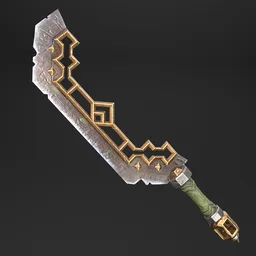 "Lowpoly historic military weapon: Ancient Asian sword with green handle and ornamental details. Ideal for Blender 3D modeling and rendering."