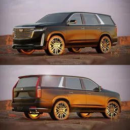 "Highly detailed Cadillac Escalade 2022 3D model for Blender 3D. Features a realistic black exterior with gold trim and detailed tires. Perfect for professional designs and suburban scenes. Download now from BlenderKit."