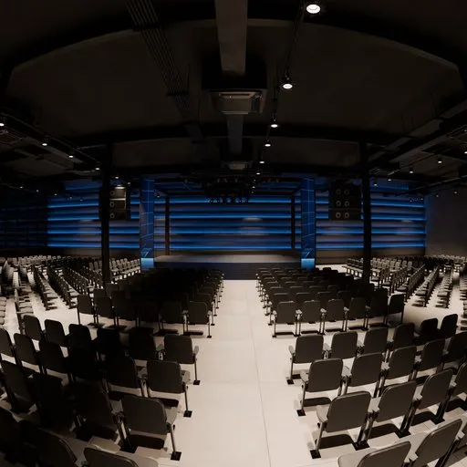 3D model of a modern auditorium with rows of seats and a lit stage, Blender creative professionals.