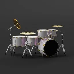 Highly detailed 3D drum kit model with cymbals for Blender 3D rendering and animation.
