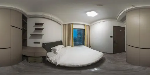 Cozy nocturnal bedroom HDR setting with round bed, soft lighting, window view to rainy urban outside for scene rendering.