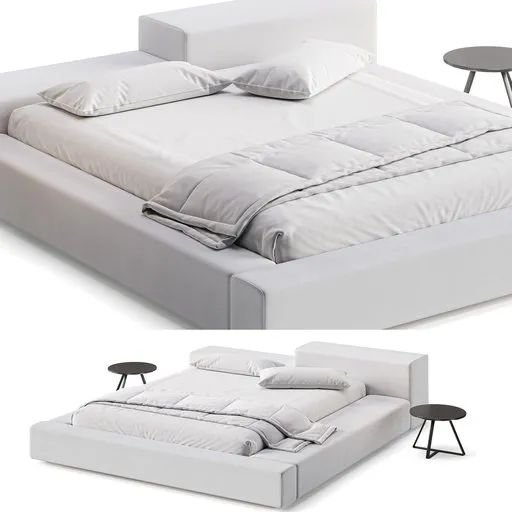 Detailed 3D model of a modern bed with pillows and blanket, UV mapped, high poly count, rendered in Blender Cycles.