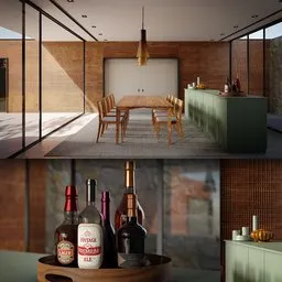 Detailed 3D cabin dining room with PBR textures, unique materials, and high-quality Marvelous models in Blender.